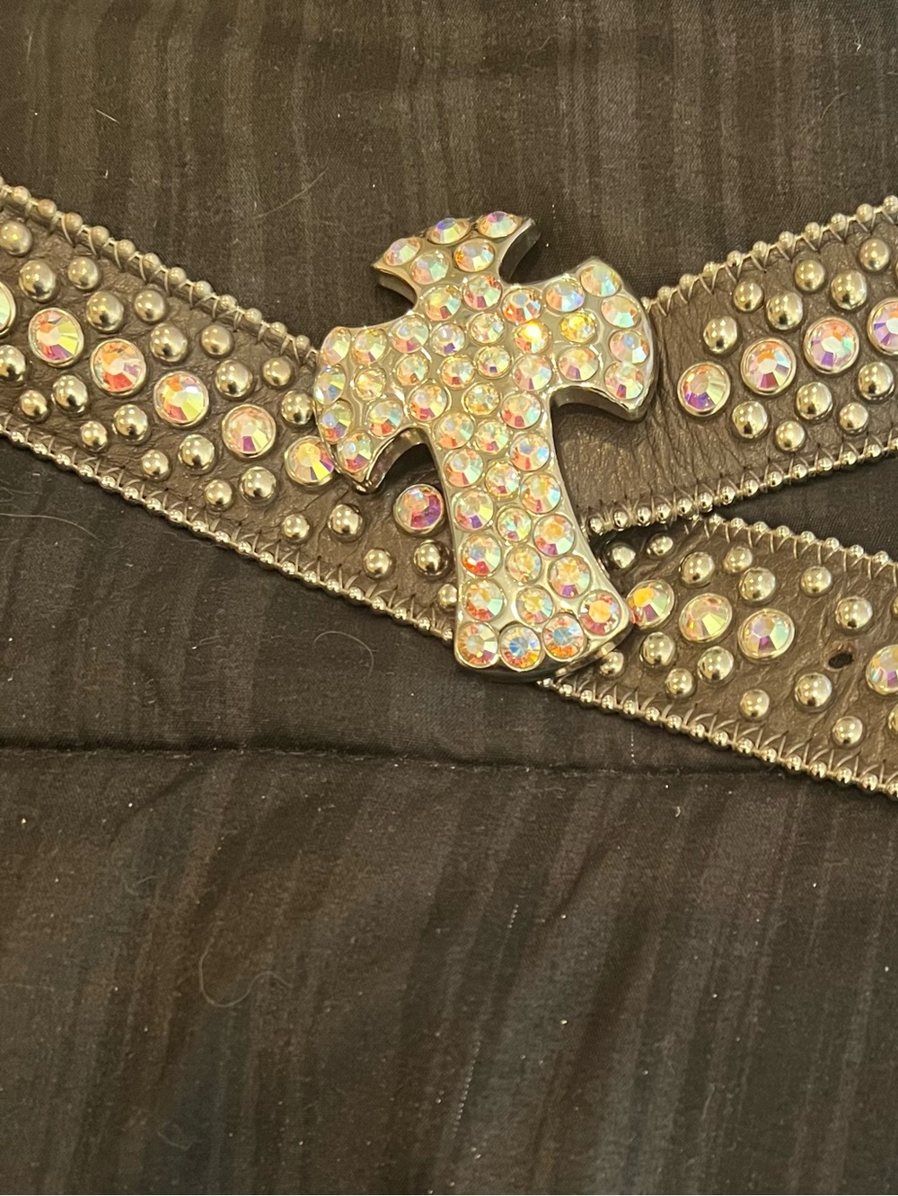 B.B. Simon Brown Leather Belt with Iridescent Crystal Cross Buckle